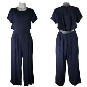 MOD REF Womens Navy Jumpsuit Sz M Wide Leg Short Sleeve Back Button Side Zip